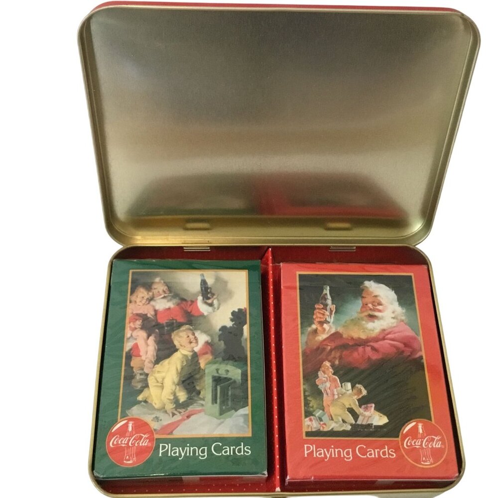 VTG Coca-Cola Santa Nostalgia Playing Cards 1996 Tin Set Sealed Decks Xmas USA